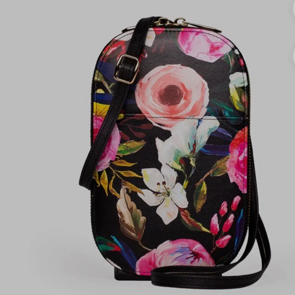 MONARQUE PINK FLORAL ON BLACK CROSSBODY BAG PURSE WALLET WATERCOLOR FLORAL PURSE - Picture 13 of 13